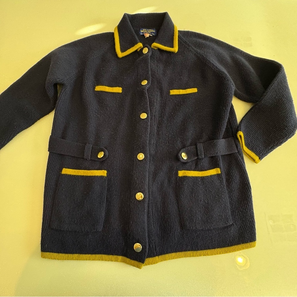Vintage Cardigan Hand Loomed Blue Chartreuse Gold Buttons Virgin Acrylic Fiber
